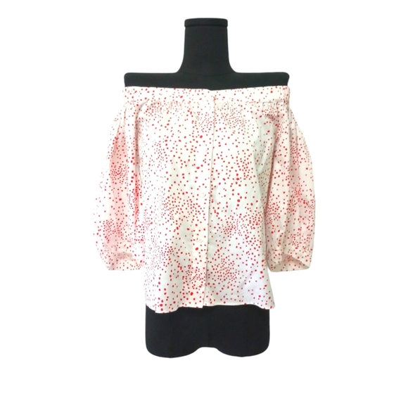 H&M Red and White Polka Dot Off-the-Shoulder Balloon 3/4 Sleeve Button Down Top - Picture 3 of 13